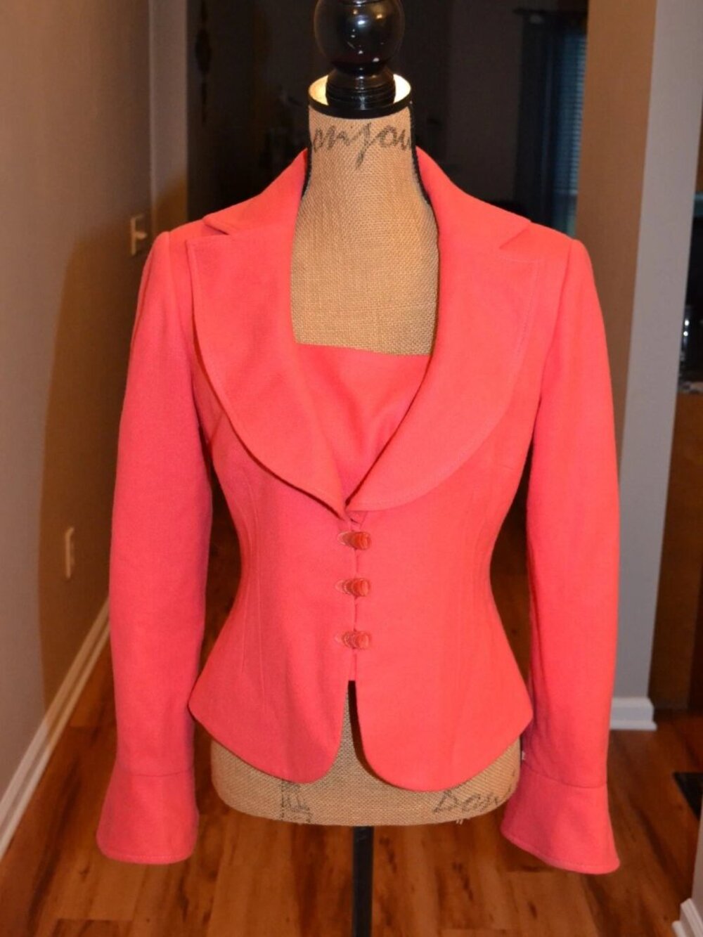 Designs by Nadia salmon pink wool button bell sleeve blazer jacket, S/M